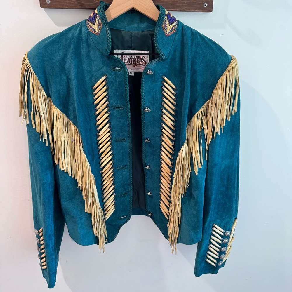 Vintage Teal Leather Jacket with Fringe - Picture 7 of 10
